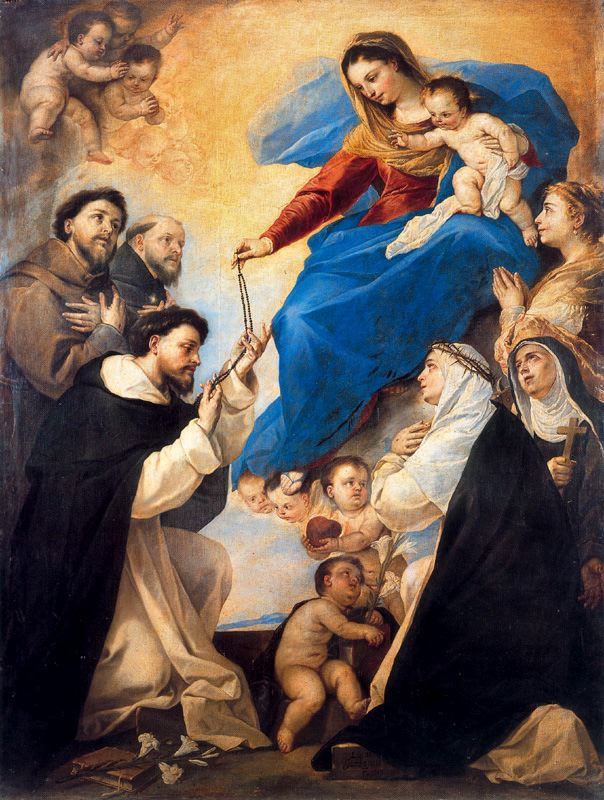 La Virgen entrega el rosario a Santo Domingo y a otros santos, en una pintura de Luca Giordano